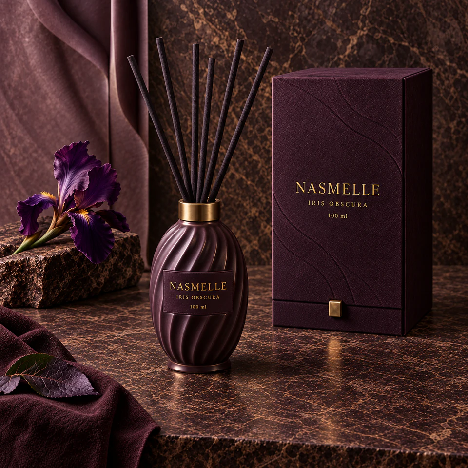 فواحة أعواد أتيليه سوسن الظلال من NASMELLE بحجم 100 مل في قارورة خزفية بيضاوية مخدّدة بلون باذنجاني وتفاصيل بلون ذهبي، مع أعواد وعلبة هدايا.
