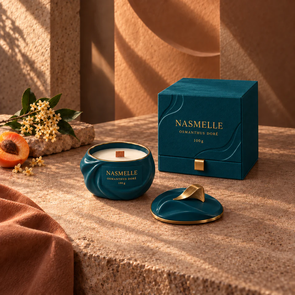 شمعة الأوسمانثوس الذهبي من NASMELLE بوزن 100 غ في وعاء خزفي غير متماثل بلون أزرق مخضر بترولي داكن ولمسة ساتانية، مع طيات نحتية ناعمة وحافة رفيعة بلون ذهبي، مع فتيل خشبي واحد وغطاء متناسق وعلبة هدايا.