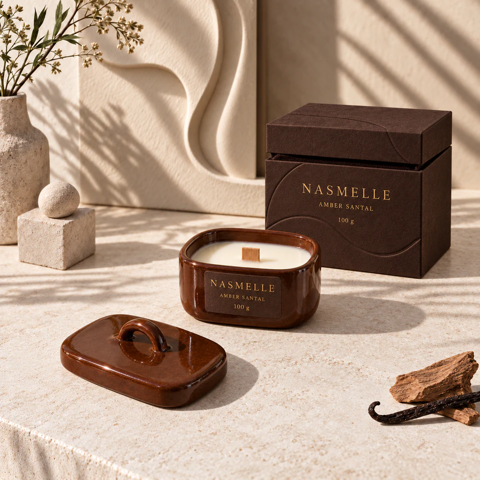 NASMELLE Amber Santal 100 g candle in a low, rounded rectangular vessel in chestnut-glazed ceramic, with one wooden wick, a matching lid and presentation box.