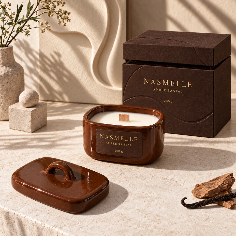 NASMELLE Amber Santal 200 g candle in a low, rounded rectangular vessel in chestnut-glazed ceramic, with one wooden wick, a matching lid and presentation box.