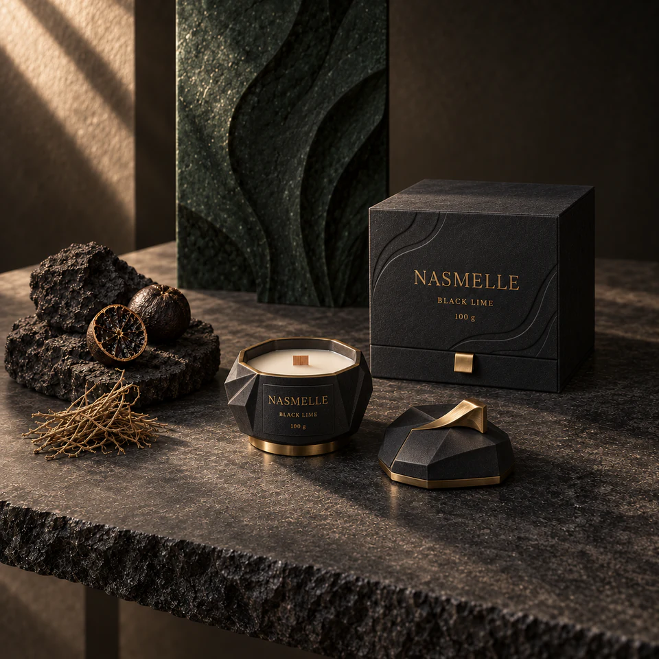 NASMELLE Black Lime 100 g candle in an angular charcoal ceramic vessel with restrained brass details, with one wooden wick, a matching lid and presentation box.