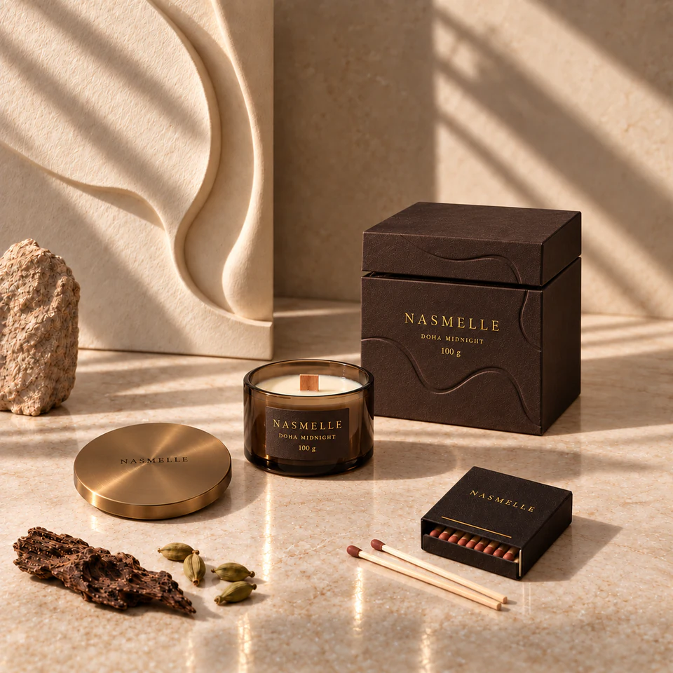 NASMELLE Doha Midnight 100 g candle in a low, wide cylinder in smoke-brown glass, with one wooden wick, a matching lid and presentation box.