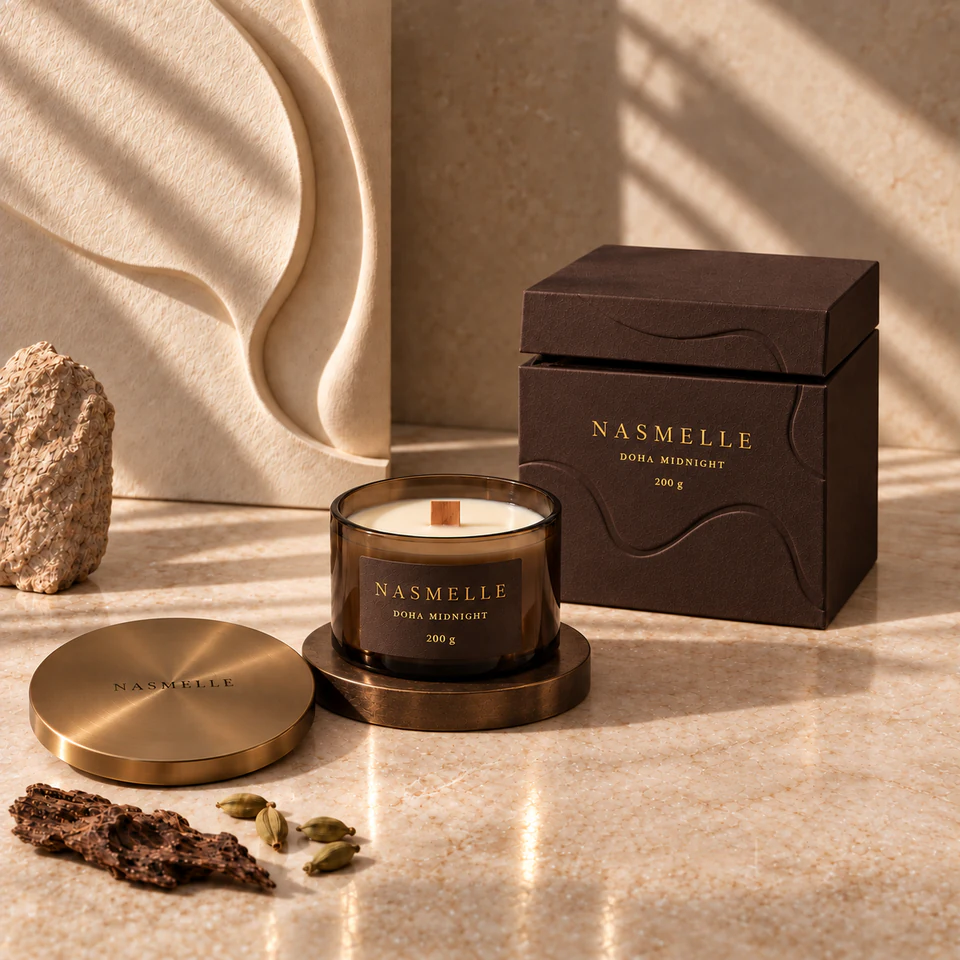 NASMELLE Doha Midnight 200 g candle in a low, wide cylinder in smoke-brown glass, with one wooden wick, a matching lid and presentation box.