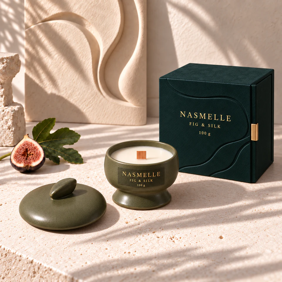 NASMELLE Fig & Silk 100 g candle in a rounded satin-olive ceramic vessel on a waisted foot, with one wooden wick, a matching lid and presentation box.