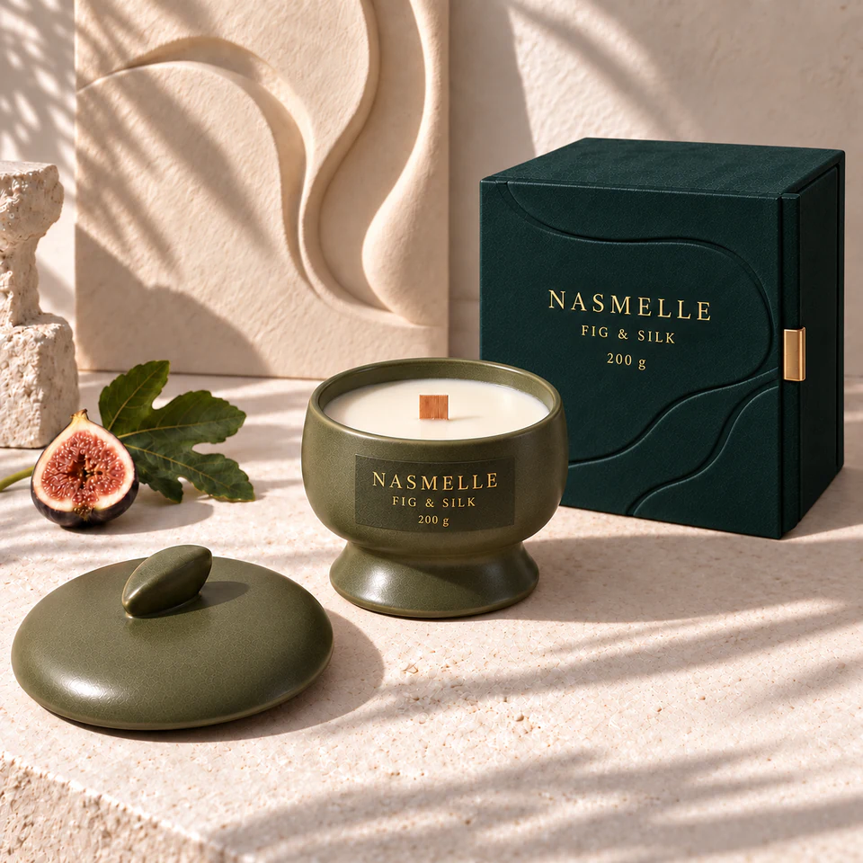 NASMELLE Fig & Silk 200 g candle in a rounded satin-olive ceramic vessel on a waisted foot, with one wooden wick, a matching lid and presentation box.