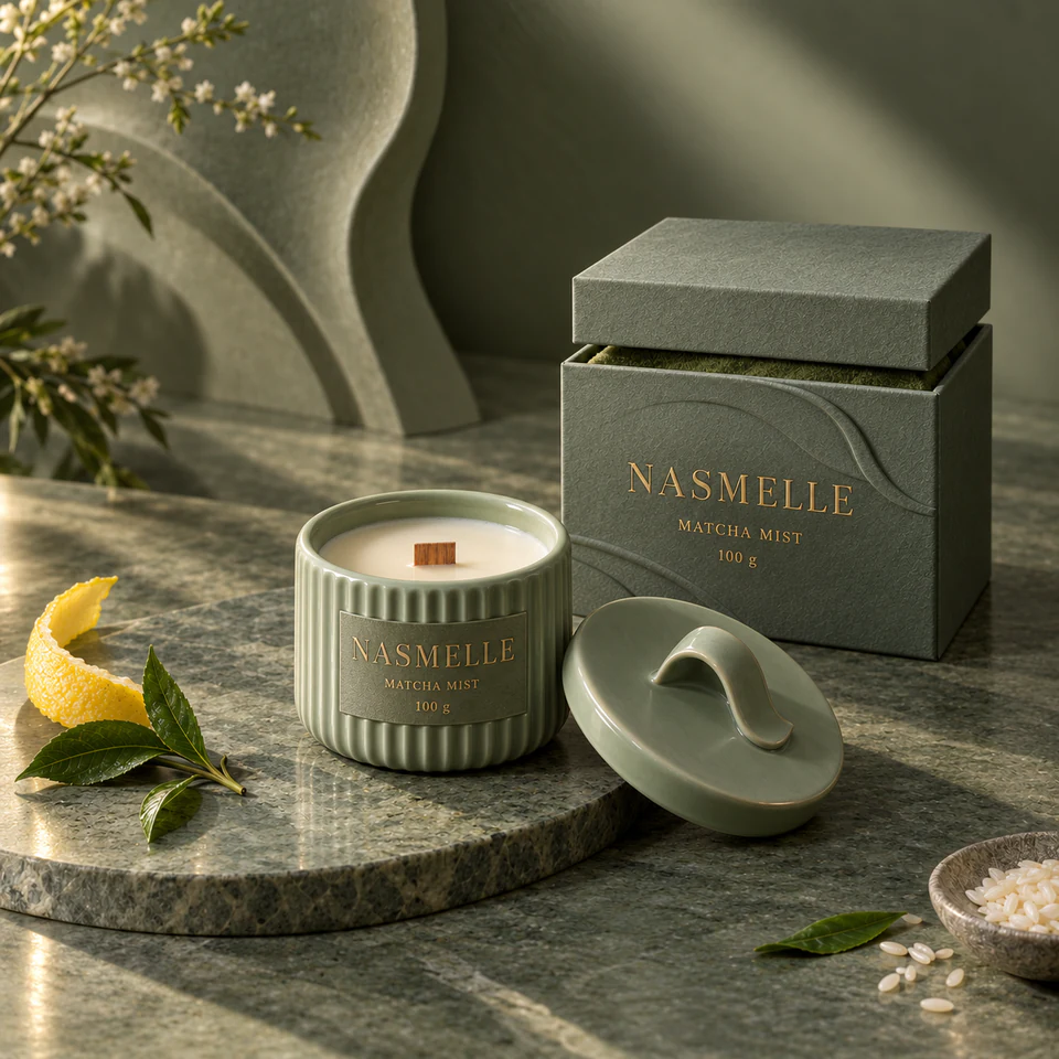 NASMELLE Matcha Mist 100 g candle in a broad, softly pleated celadon ceramic vessel, with one wooden wick, a matching lid and presentation box.