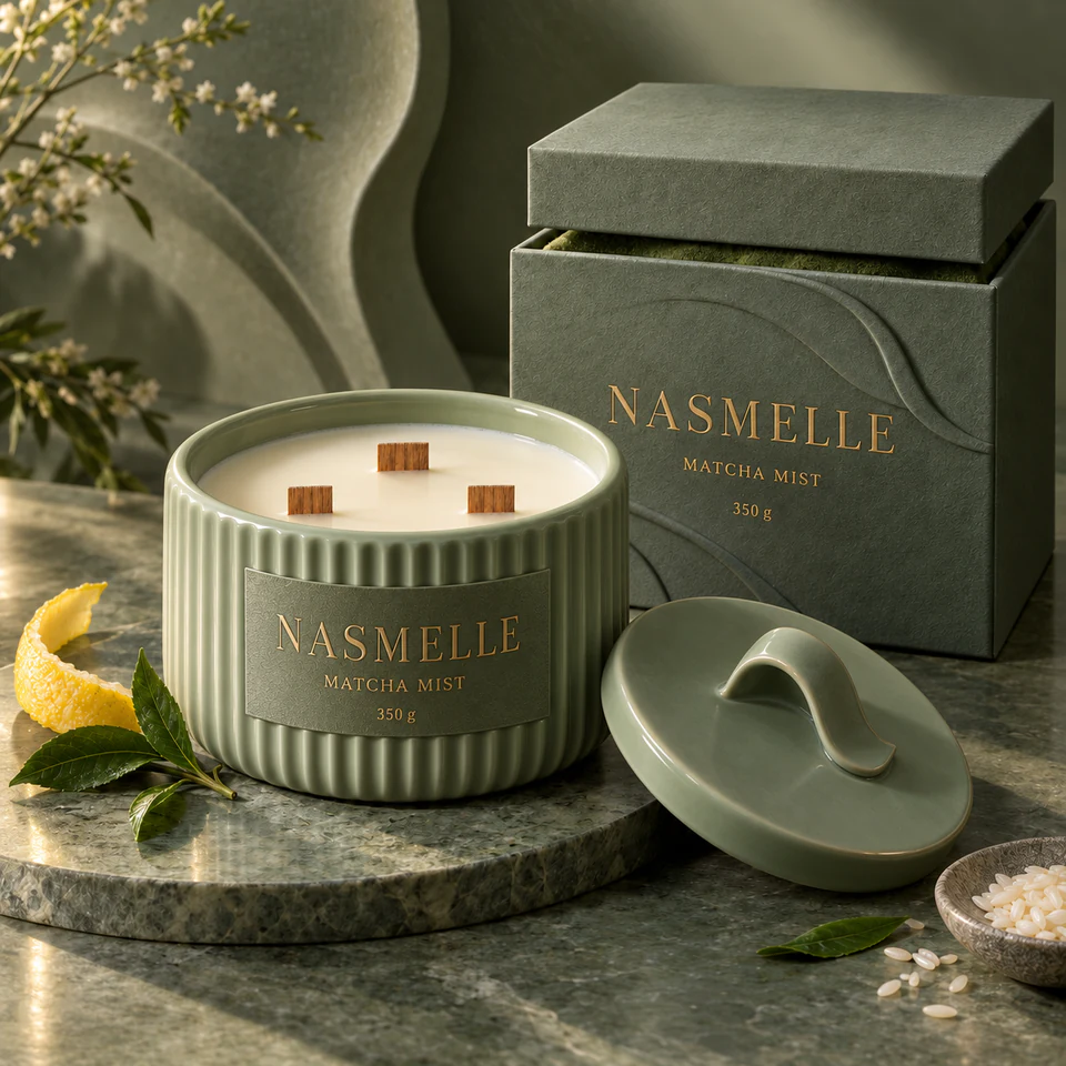 NASMELLE Matcha Mist 350 g candle in a broad, softly pleated celadon ceramic vessel, with three wooden wicks, a matching lid and presentation box.