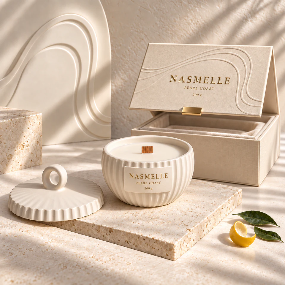 NASMELLE Pearl Coast 200 g candle in a wide bowl in matte ivory fluted ceramic, with one wooden wick, a matching lid and presentation box.