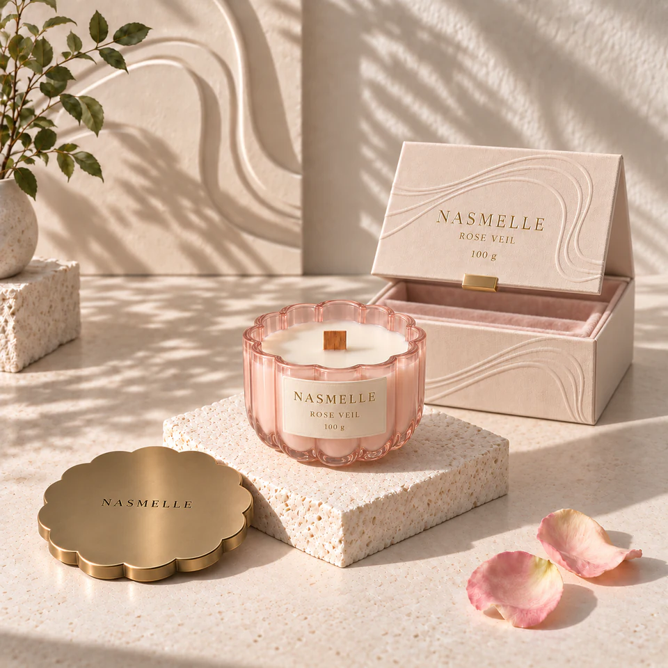 NASMELLE Rose Veil 100 g candle in a ribbed, scalloped vessel in pale blush glass, with one wooden wick, a matching lid and presentation box.