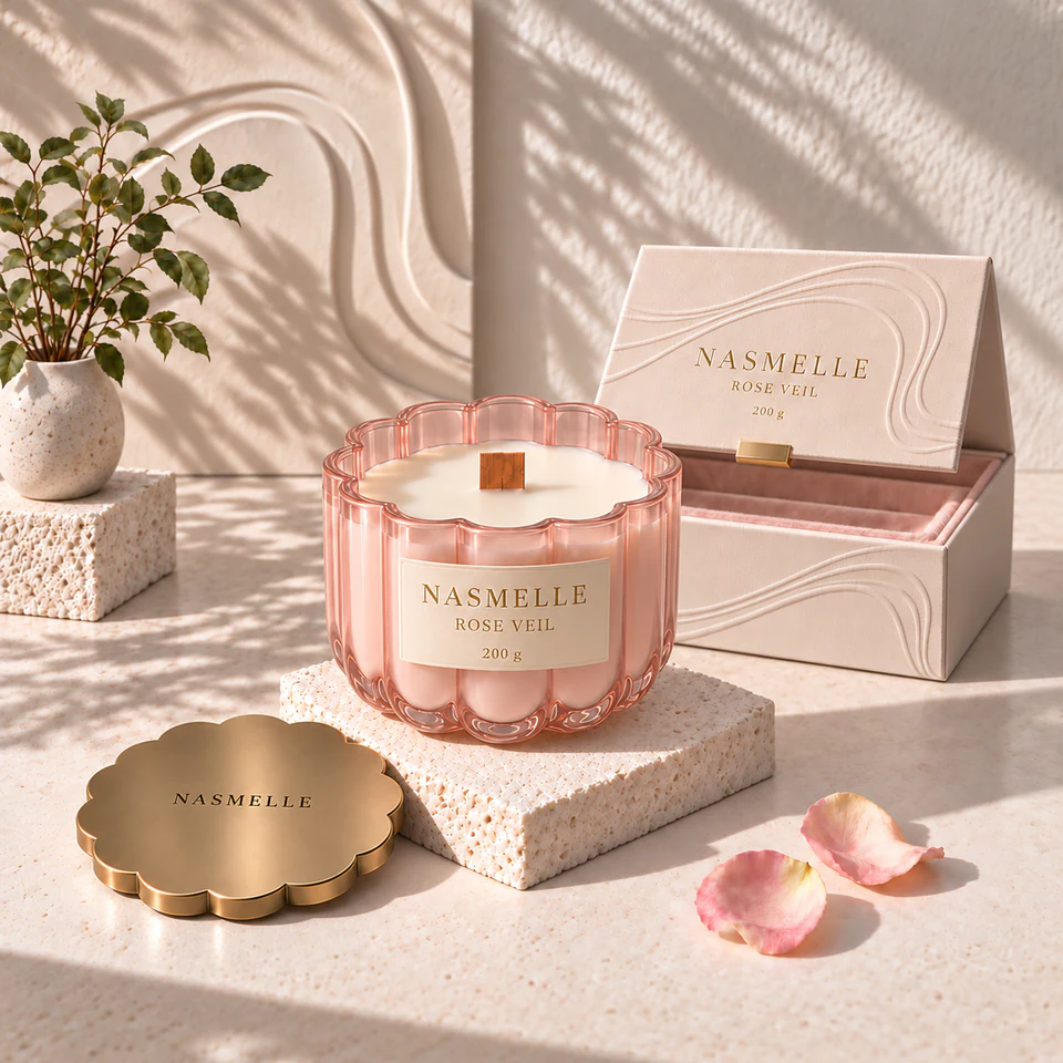 NASMELLE Rose Veil 200 g candle in a ribbed, scalloped vessel in pale blush glass, with one wooden wick, a matching lid and presentation box.