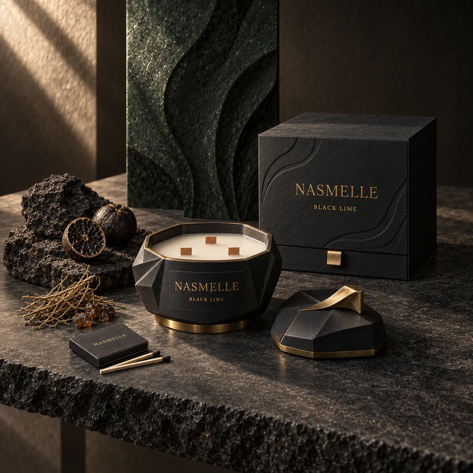 شمعة الليمون الأسود من NASMELLE بوزن 350 غ في وعاء خزفي فحمي بزوايا هندسية وتفاصيل رقيقة من النحاس الأصفر، مع ثلاث فتائل خشبية وغطائها المتناسق وعلبة هدايا.