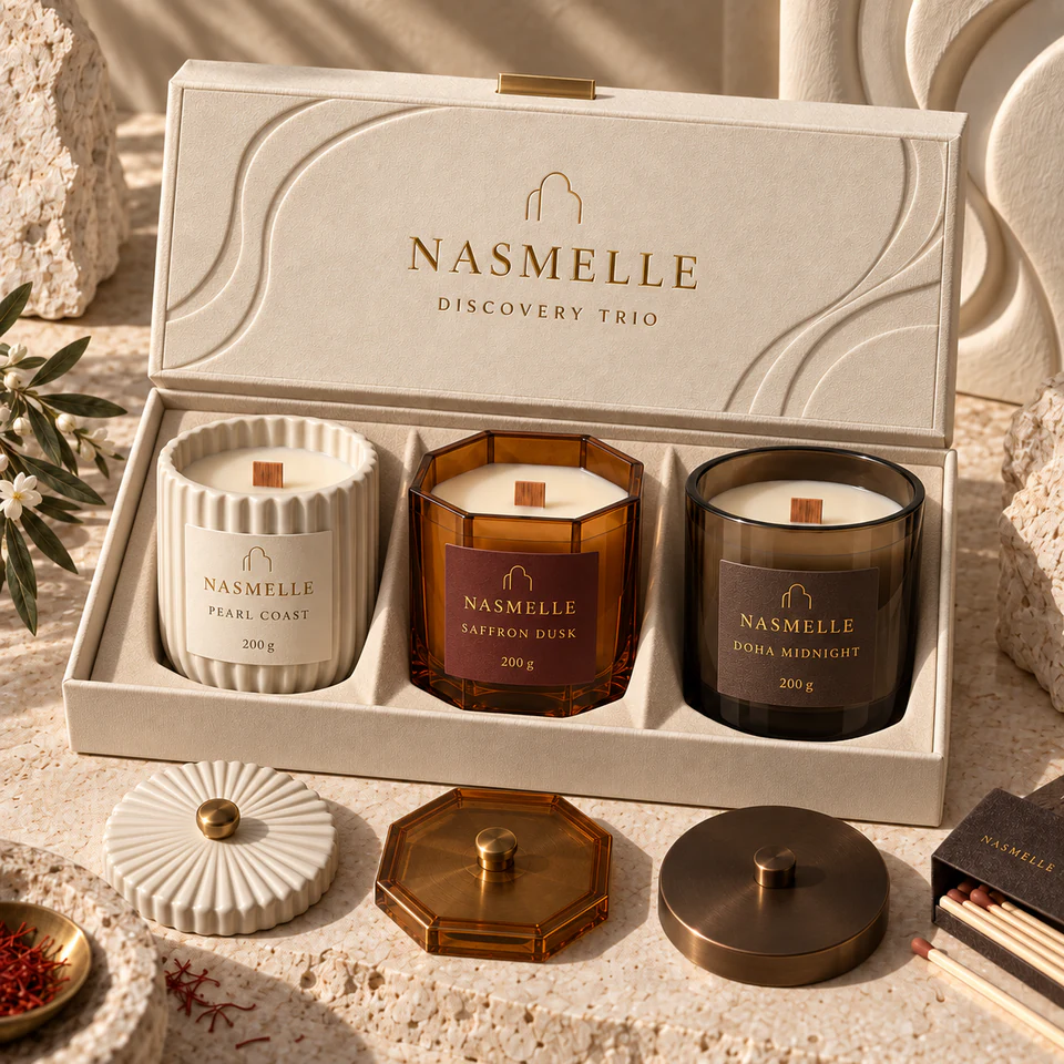 ثلاثية العطور من NASMELLE: ثلاث شموع بوزن 200 غ، بعطور ساحل اللؤلؤ وغسق الزعفران وليل الدوحة، بفتيل خشبي واحد لكل شمعة، داخل علبة هدايا.