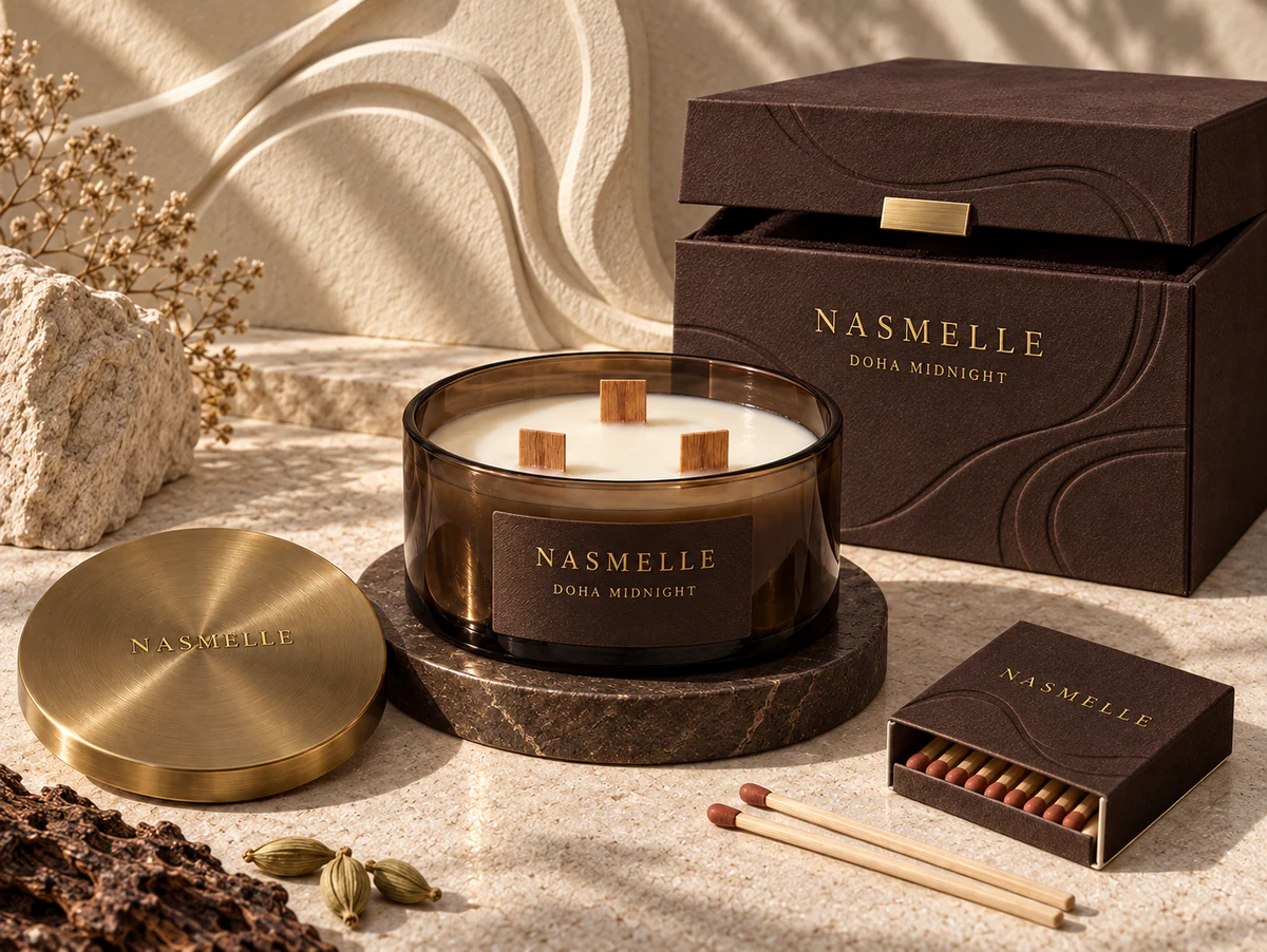 NASMELLE Doha Midnight candle with three wooden wicks, its brass lid and presentation box