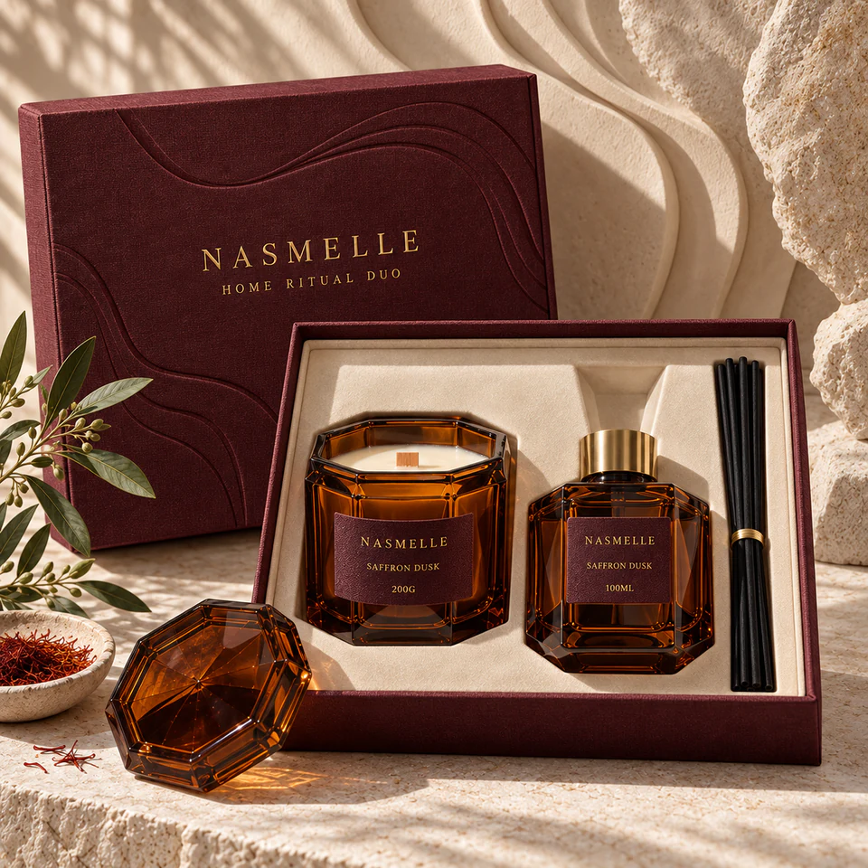 ثنائي عطر المنزل من NASMELLE: شمعة غسق الزعفران بوزن 200 غ وفواحة أعواد بحجم 100 مل داخل علبة هدايا.